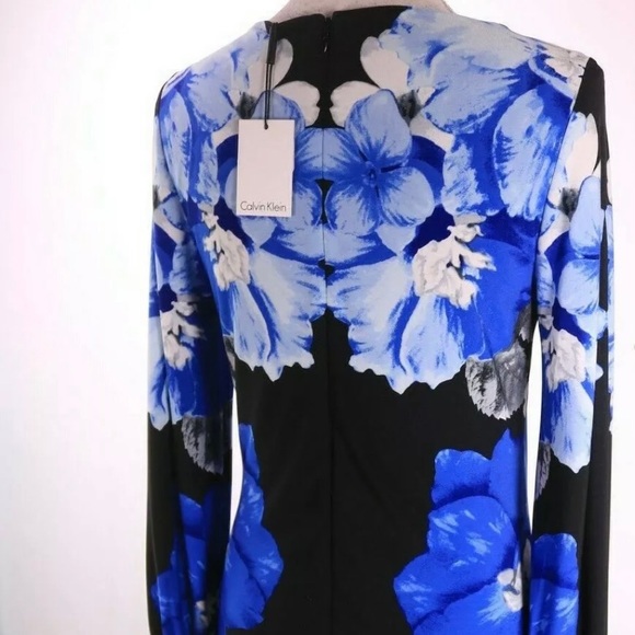 Calvin Klein Beautiful BLUE Floral Bell Long Sleeve Dress SZ 6 - Picture 4 of 7
